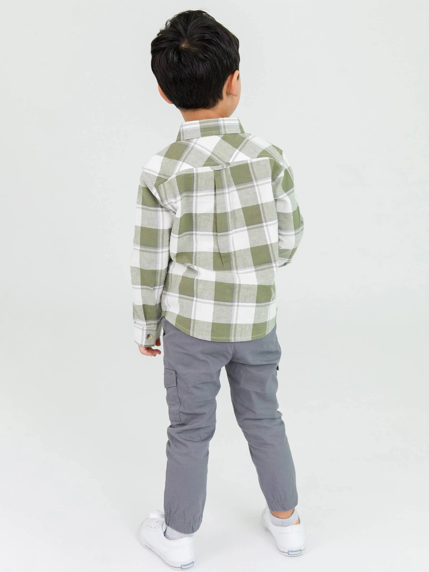 Boys Dusty Olive Plaid Flannel Long Sleeve Button Down Shirt