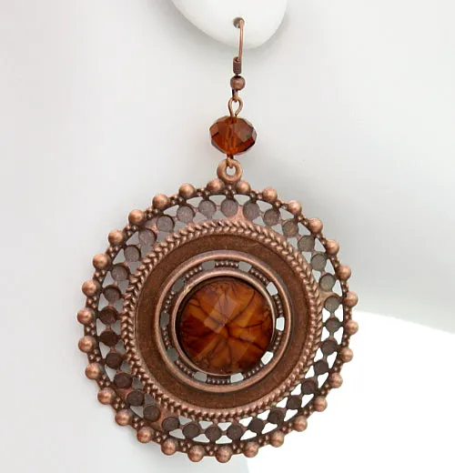 Brown Beaded Rose Gold Cutout Earrings