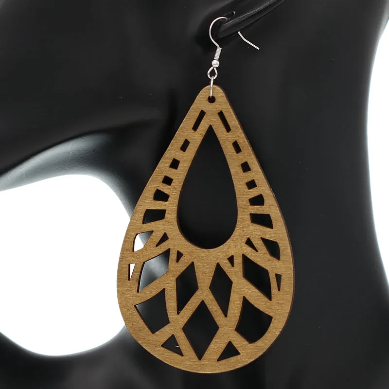 Brown Large Cutout Teardrop Wooden Earrings
