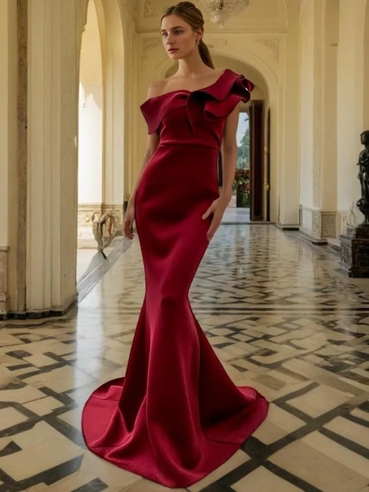 Burgundy Trumpet One Shoulder Satin Long Prom Dress