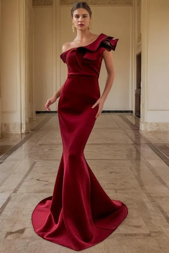 Burgundy Trumpet One Shoulder Satin Long Prom Dress