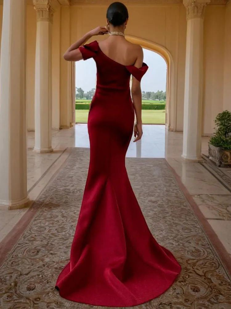 Burgundy Trumpet One Shoulder Satin Long Prom Dress