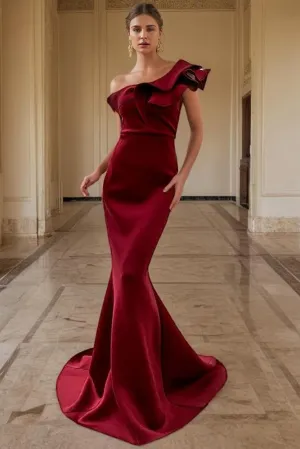 Burgundy Trumpet One Shoulder Satin Long Prom Dress