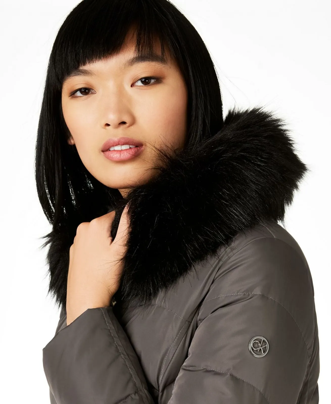 Calvin Klein Women's Hooded Faux Fur Trim Down Puffer Coat Grey Large
