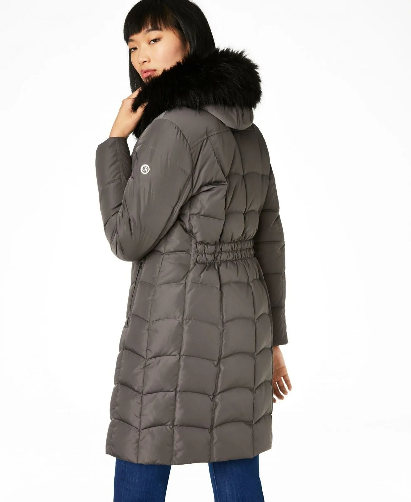 Calvin Klein Women's Hooded Faux Fur Trim Down Puffer Coat Grey Large