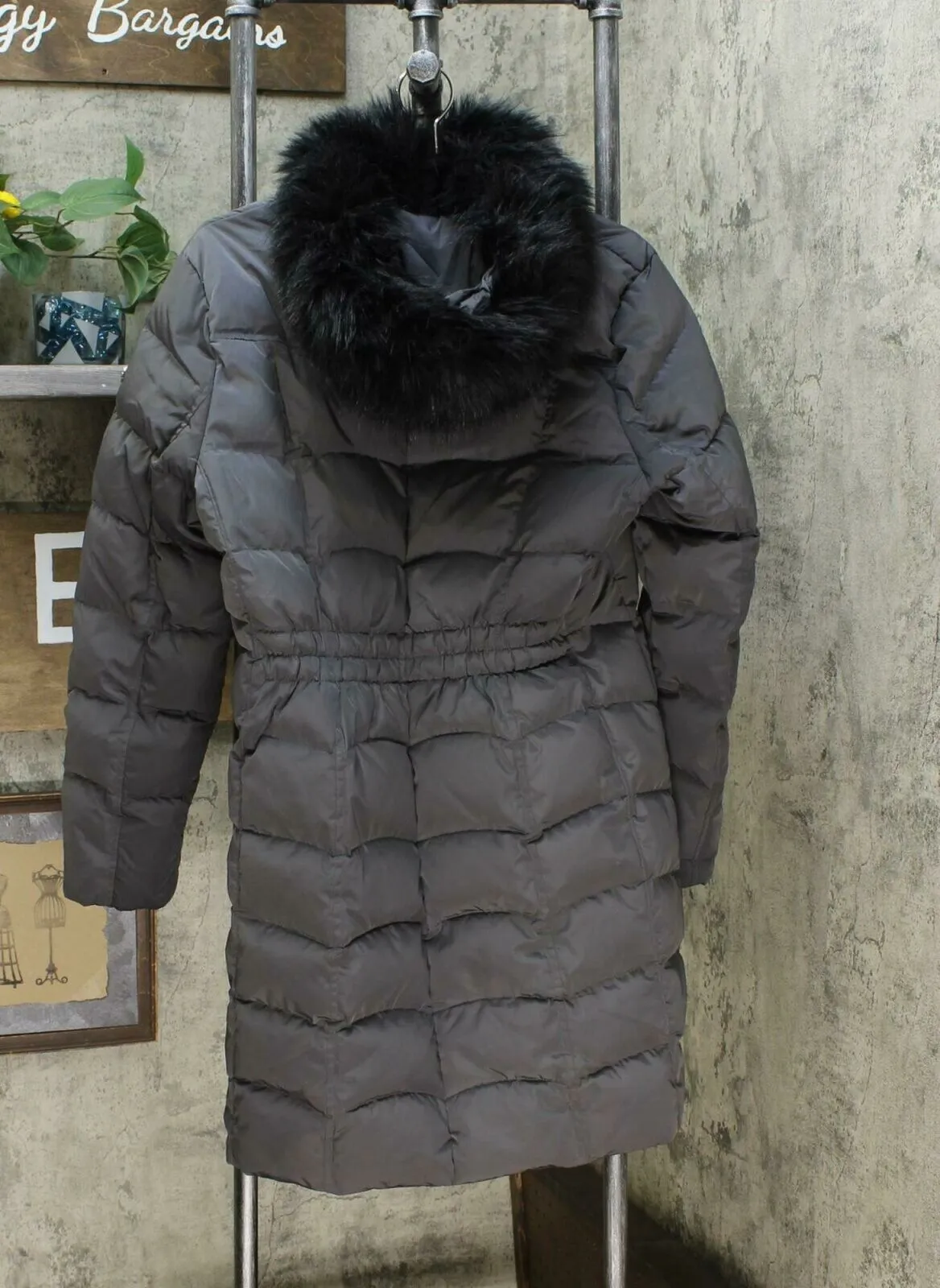 Calvin Klein Women's Hooded Faux Fur Trim Down Puffer Coat Grey Large