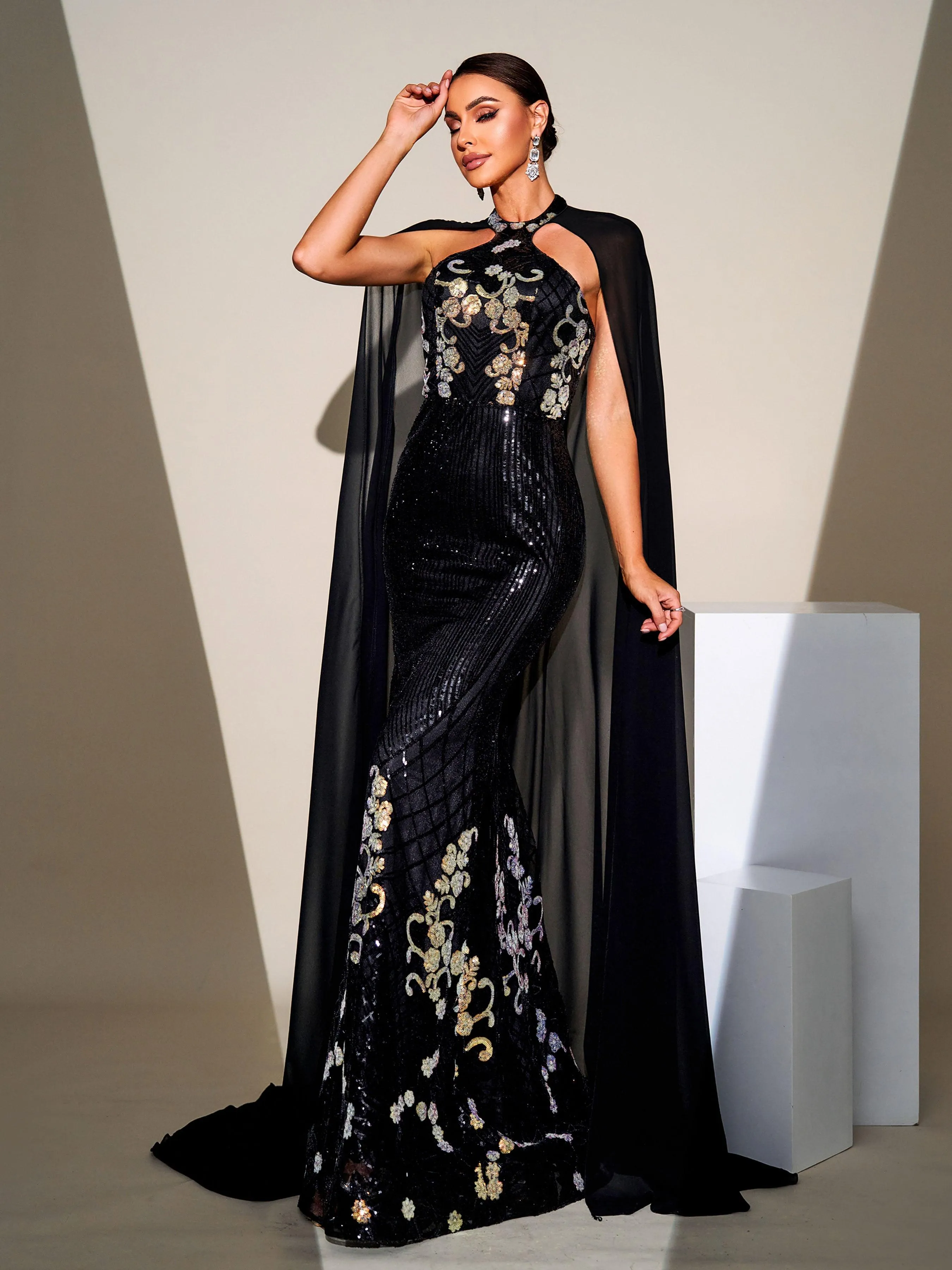 Cape Sleeve Mermaid Sequin Formal Dress DH80100