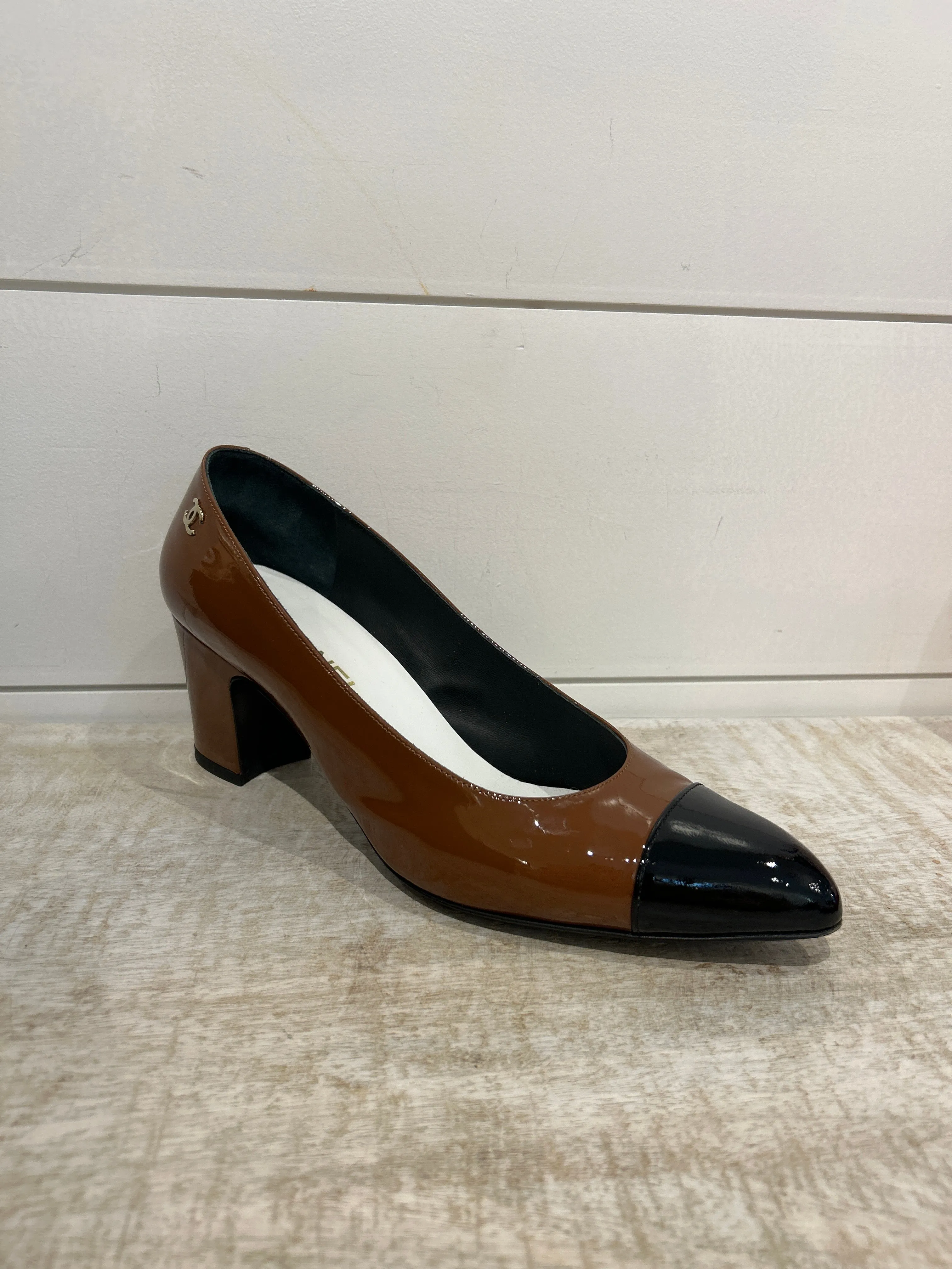Chanel Shoes, Brown & Black Patent Leather Cap Toe Pumps (size 40.5)
