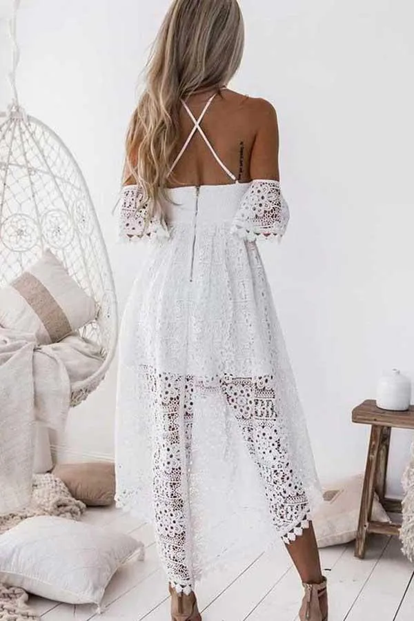 Charming White A-Line Straps High Low Off Shoulder Lace Homecoming Dresses, MH226