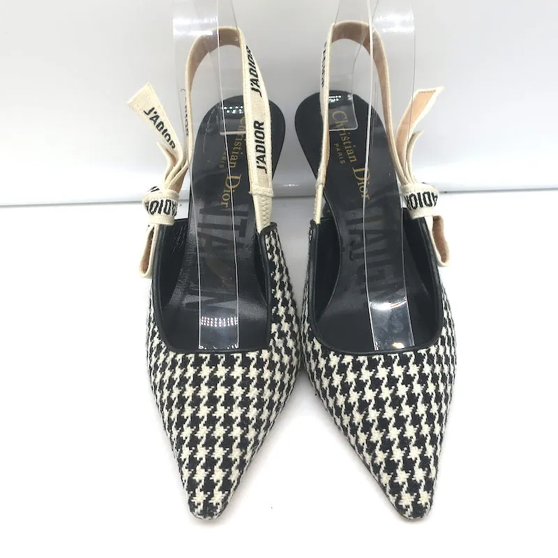 Christian Dior J'Adior Slingback Pumps Black & Cream Houndstooth Wool Size 36.5