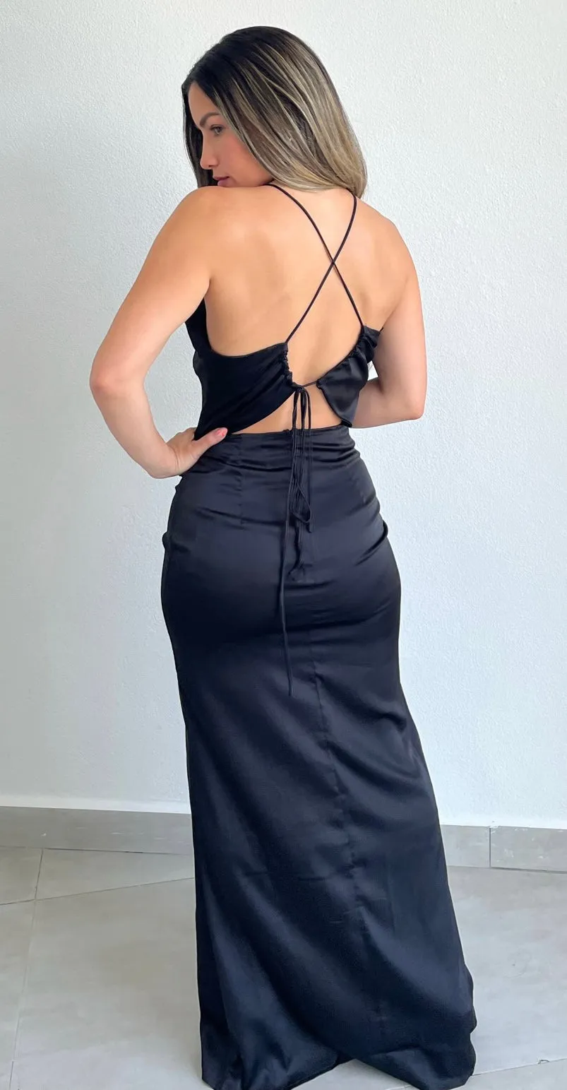 Classic Elegance Black Satin Formal Dress