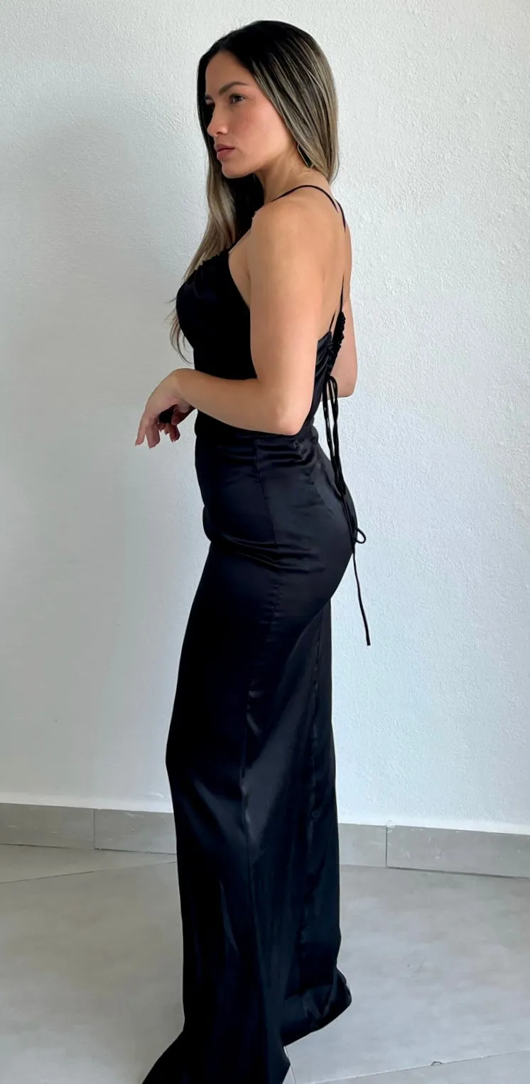 Classic Elegance Black Satin Formal Dress