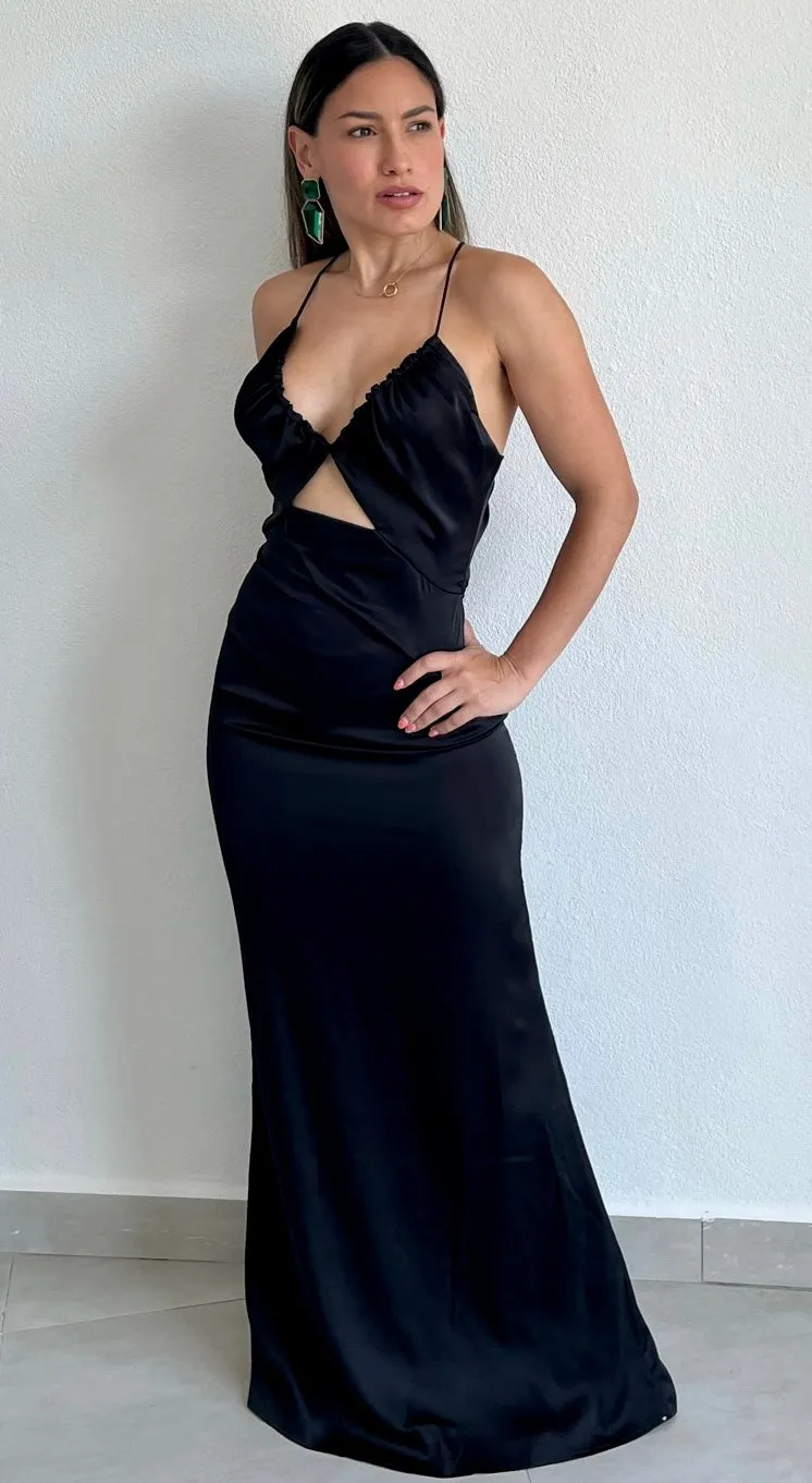 Classic Elegance Black Satin Formal Dress