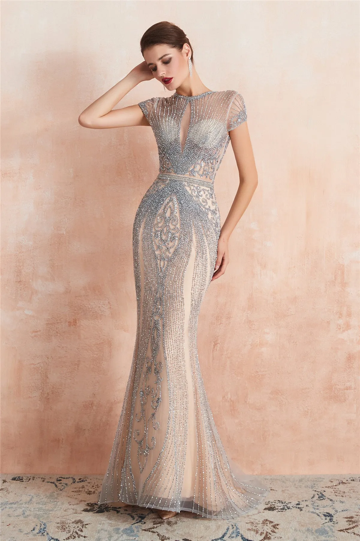 Classic Keyhole Mermaid Short Sleeves Evening Dress with Crystal Beading