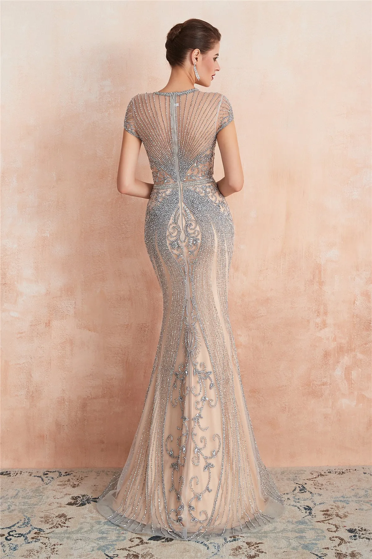 Classic Keyhole Mermaid Short Sleeves Evening Dress with Crystal Beading
