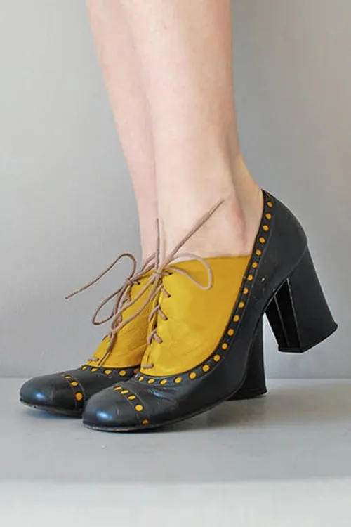 Color Block Lace Up Chunky Heel Pumps