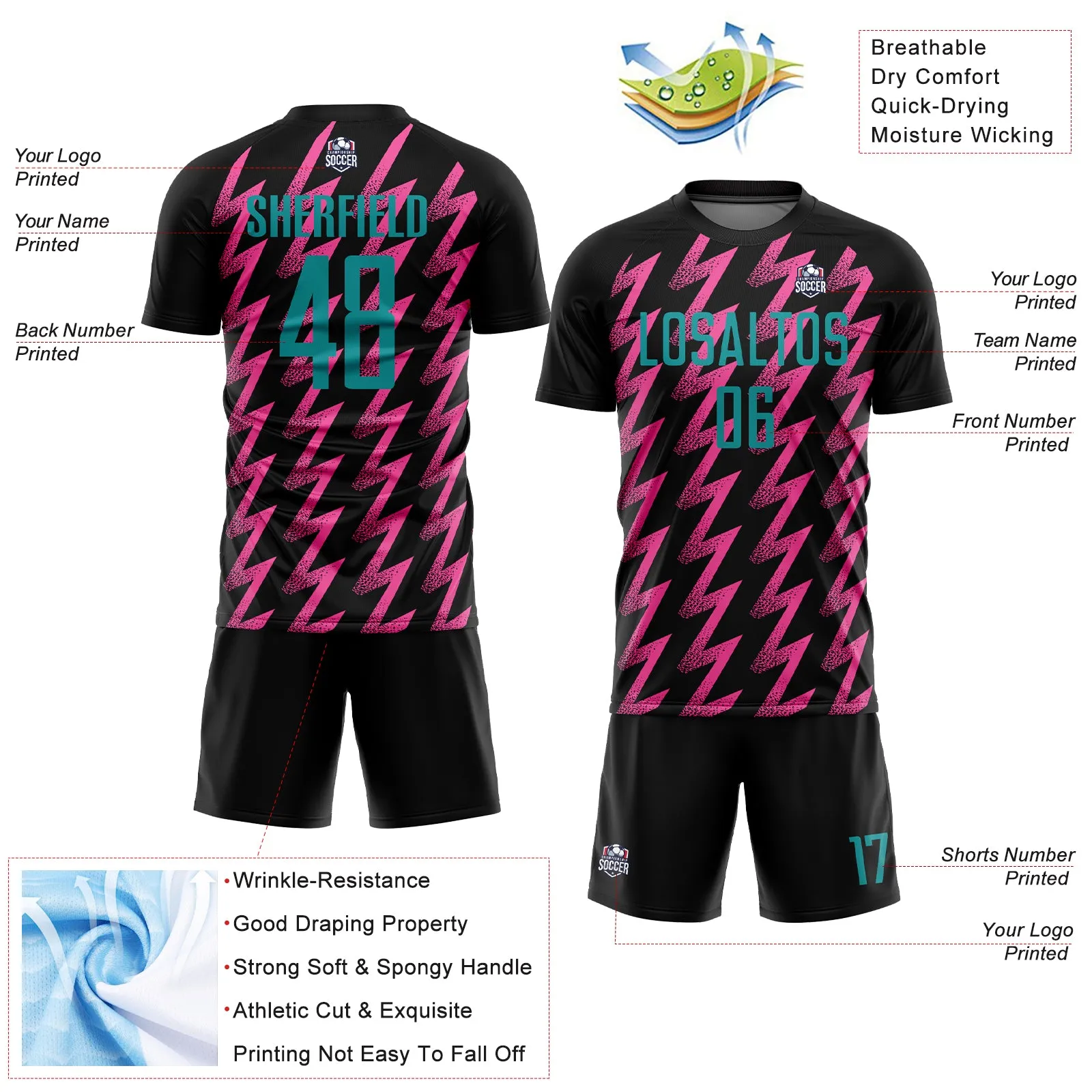 Custom Black Teal-Pink Zigzag Shape Sublimation Soccer Uniform Jersey
