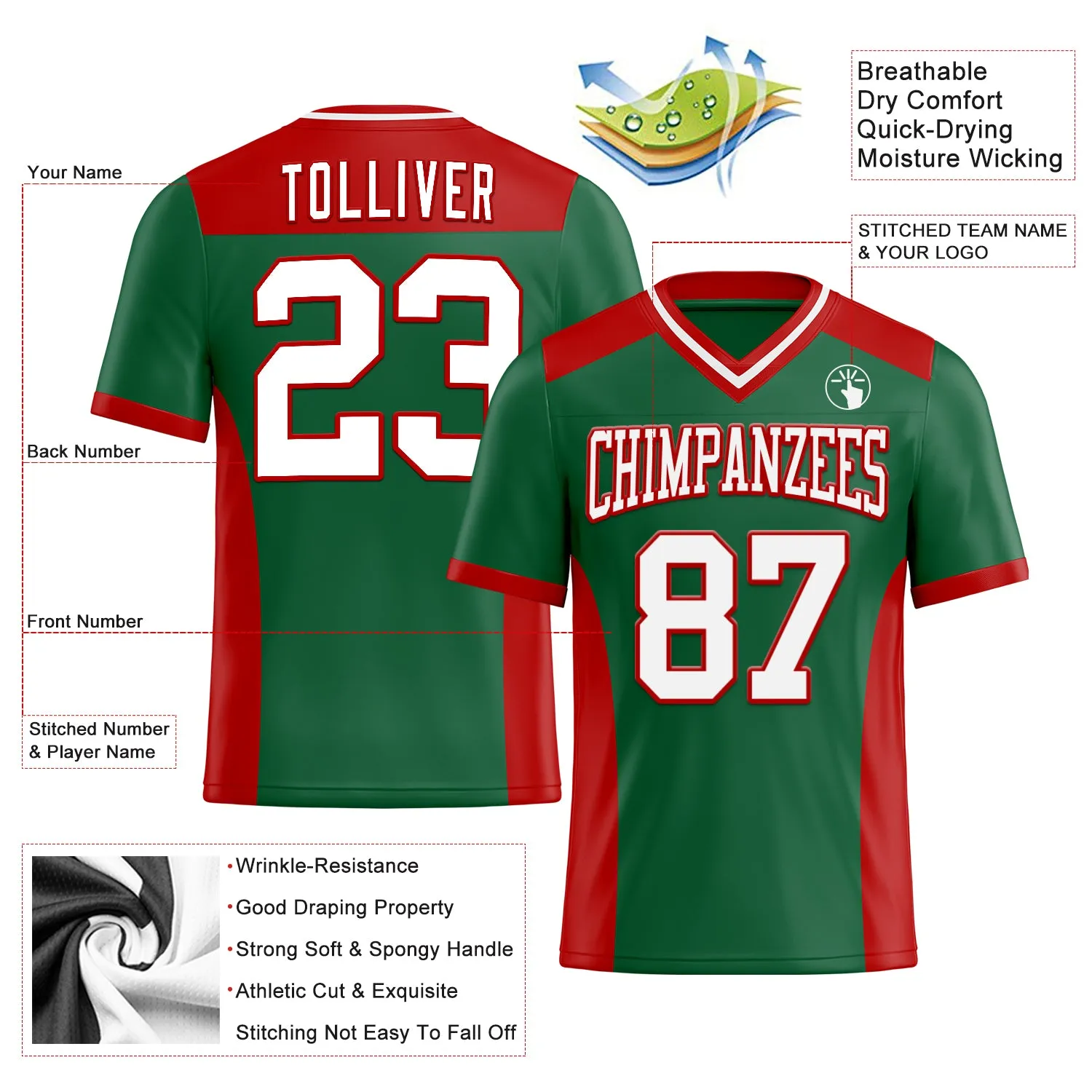 Custom Kelly Green White-Red Mesh Authentic Football Jersey