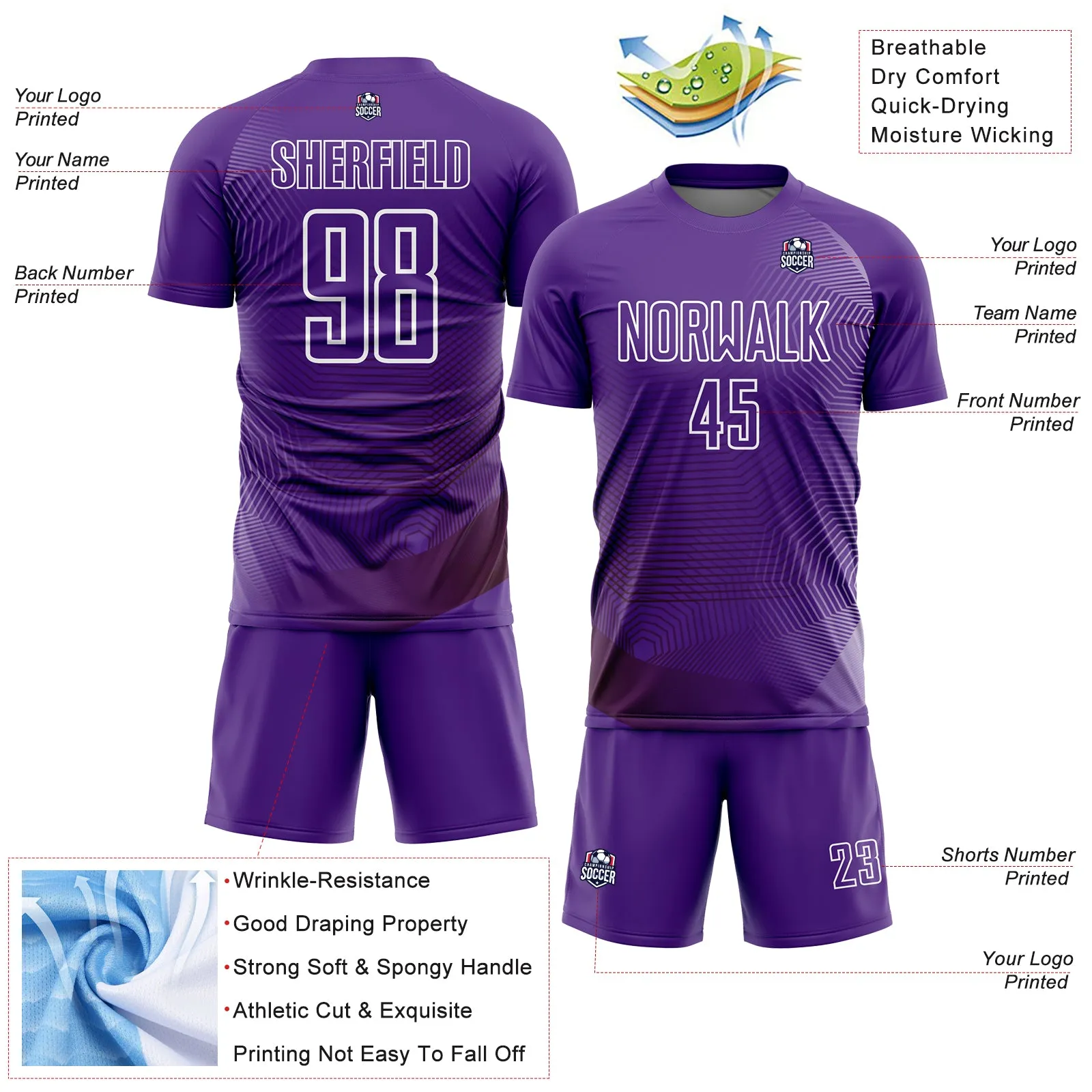 Custom Purple White Geometric Lines Sublimation Soccer Uniform Jersey