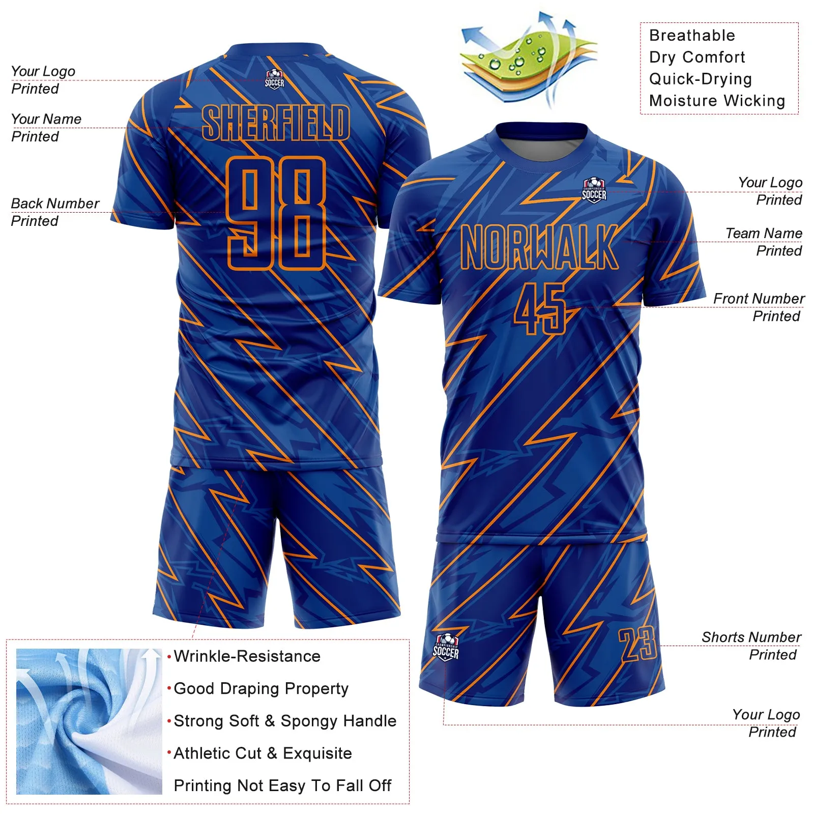 Custom Royal Bay Orange Lightning Sublimation Soccer Uniform Jersey