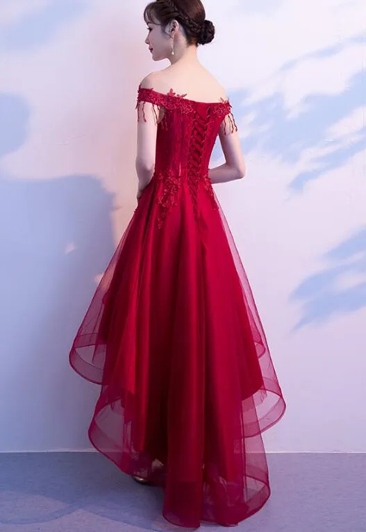 Dark Red High Low Dress, Beautiful Tulle and Lace Prom Dress, Formal Gown