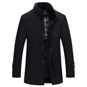 Detachable Faux Fur Collar Wool Blend Coat - Black L