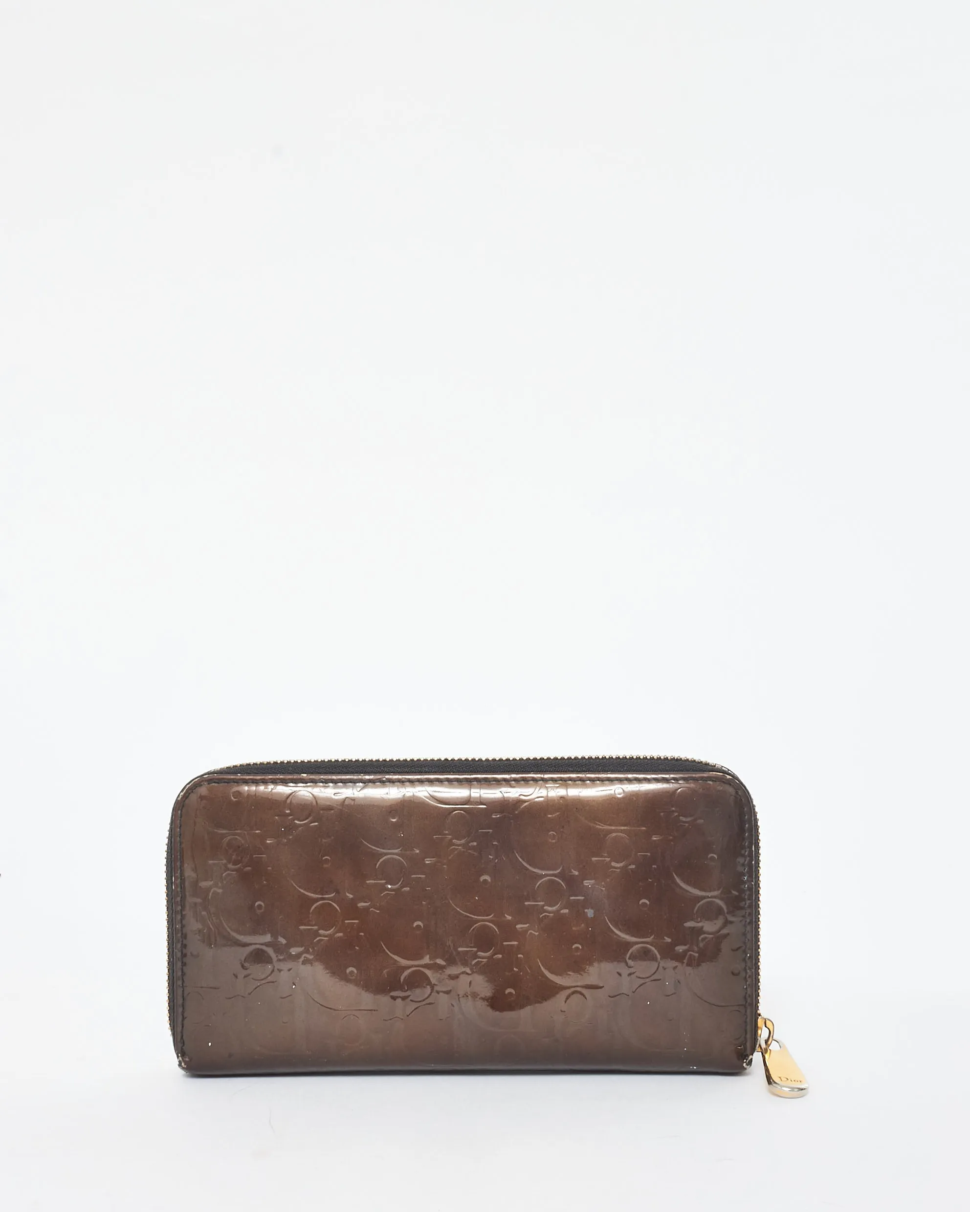Dior Brown Patent Leather Oblique Monogram Long Zip Wallet