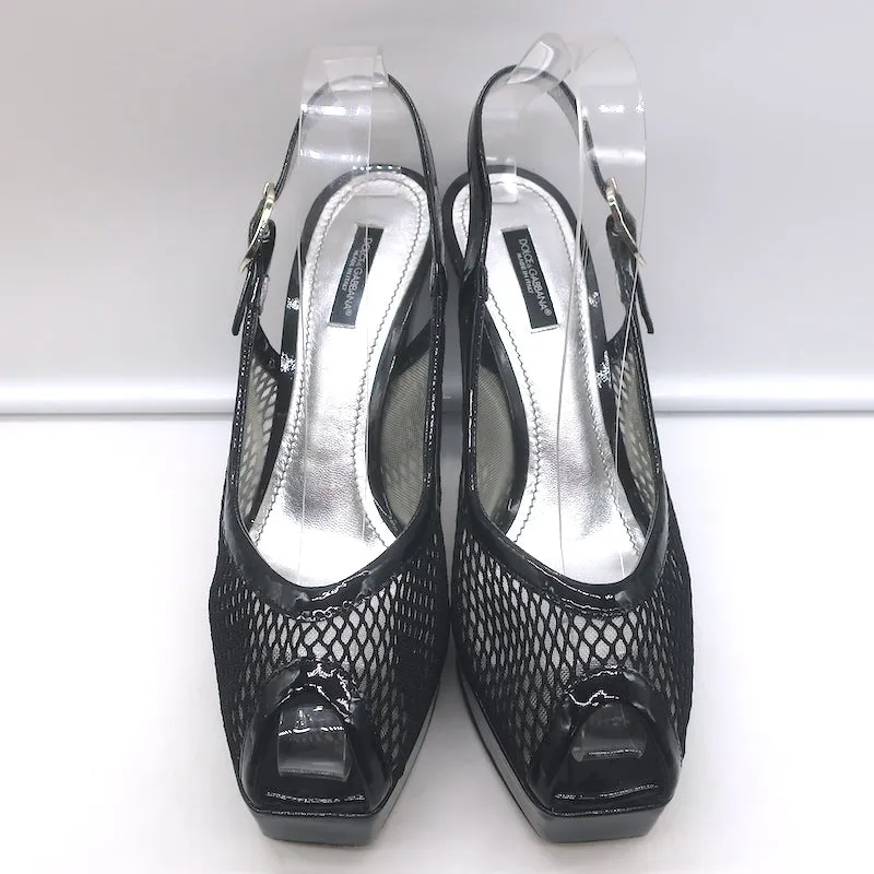 Dolce & Gabbana Mesh Platform Slingback Pumps Black Patent Leather Size 40