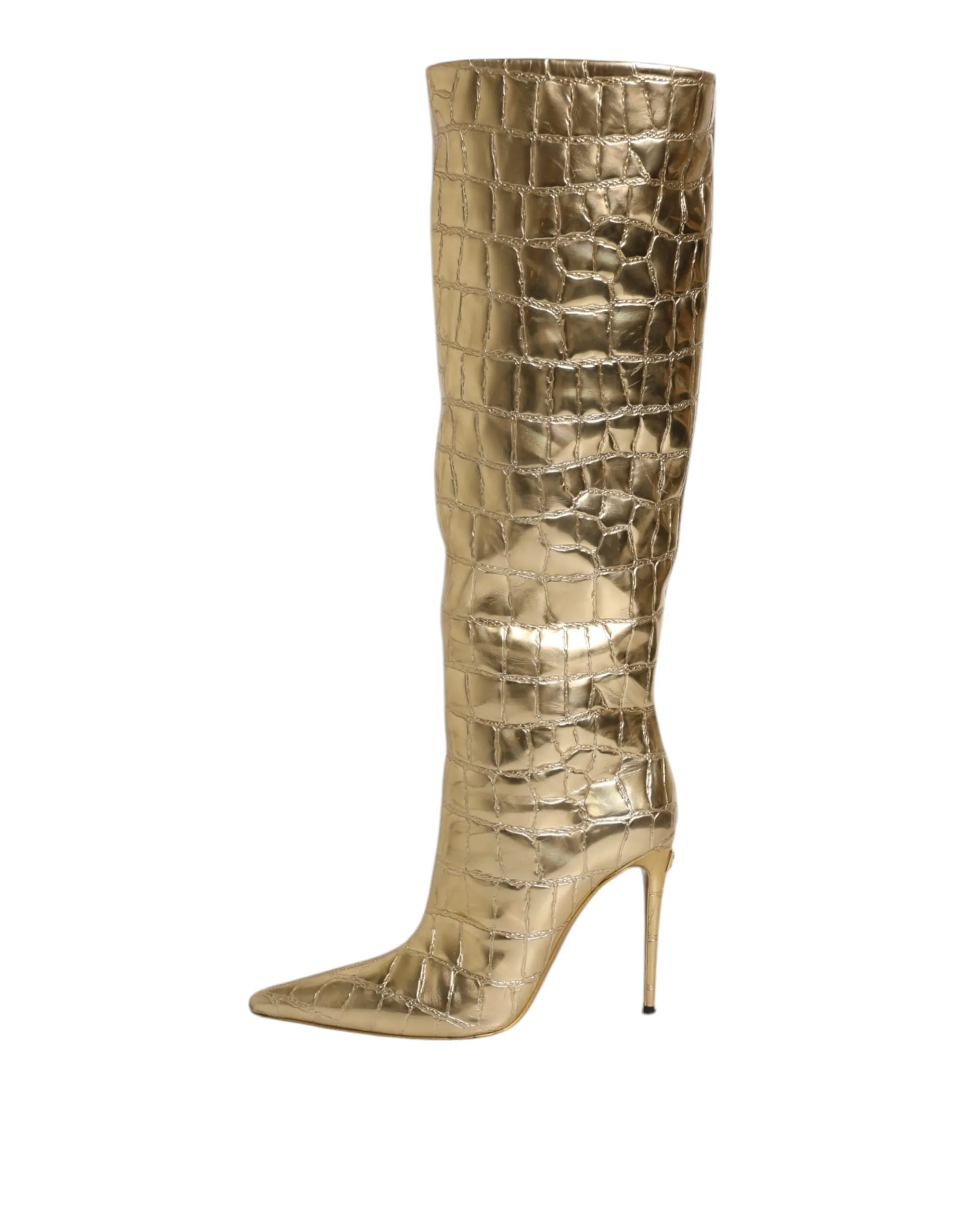 Dolce&Gabbana Women Gold Boots 100% Leather Skin Pattern Knee High Heels Booties