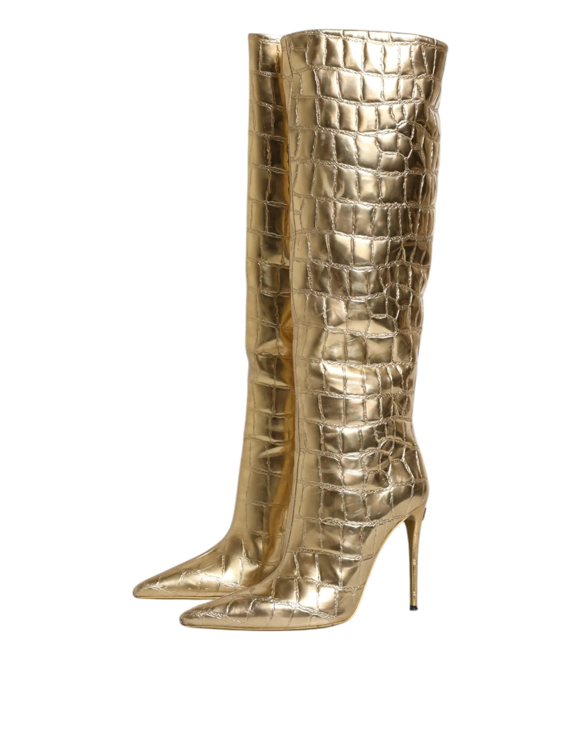 Dolce&Gabbana Women Gold Boots 100% Leather Skin Pattern Knee High Heels Booties