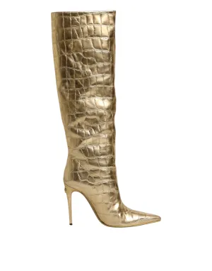 Dolce&Gabbana Women Gold Boots 100% Leather Skin Pattern Knee High Heels Booties