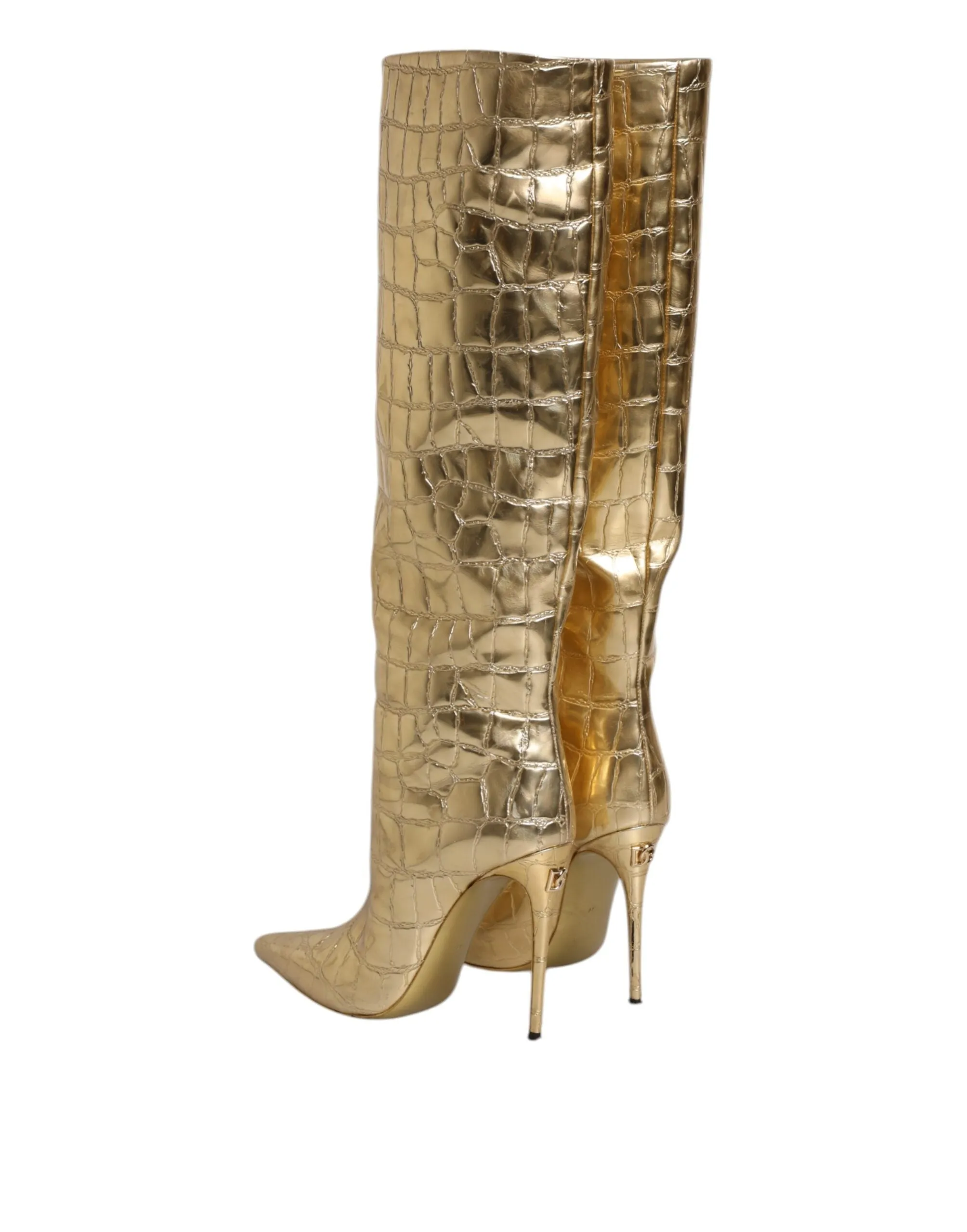 Dolce&Gabbana Women Gold Boots 100% Leather Skin Pattern Knee High Heels Booties