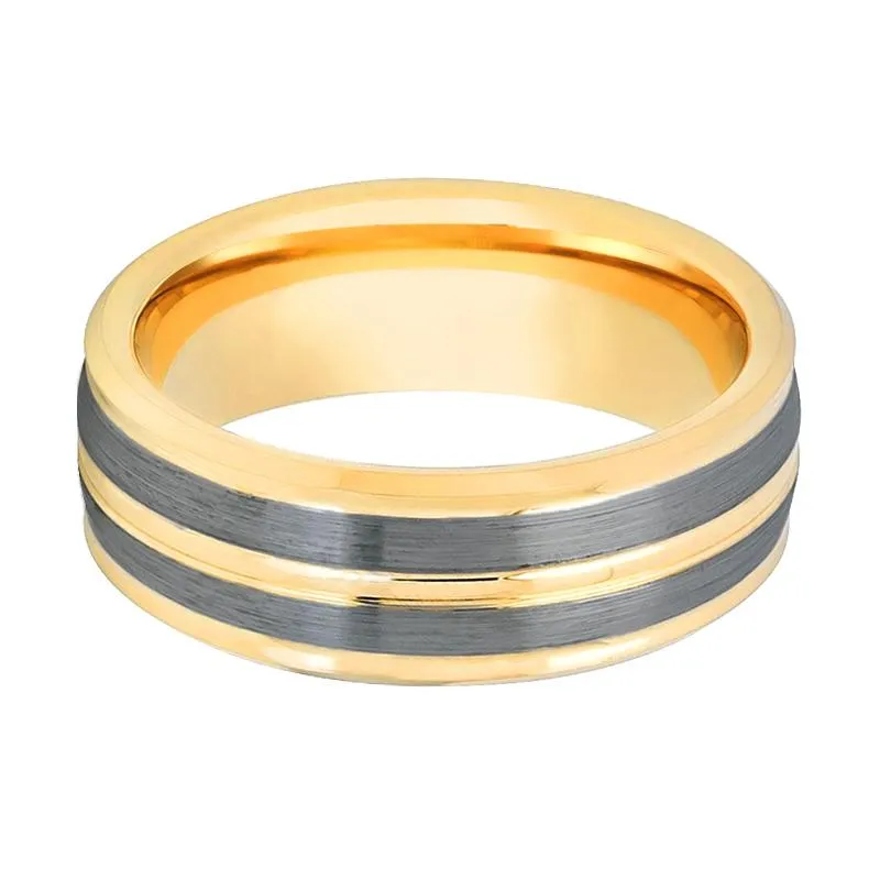 DUNCE | Gold Tungsten Ring, 2 Pinstripe Grooves, Beveled