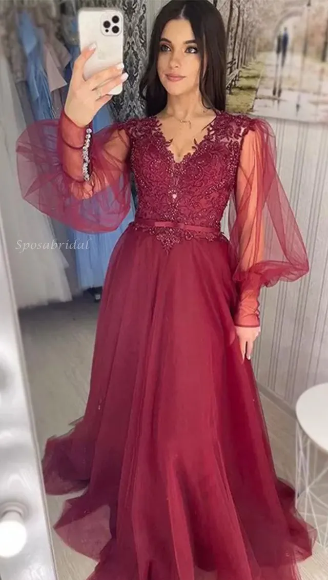 Elegant Burgundy Lace Top V-neck Tulle Sleeves A-line Prom Dress, PD3324
