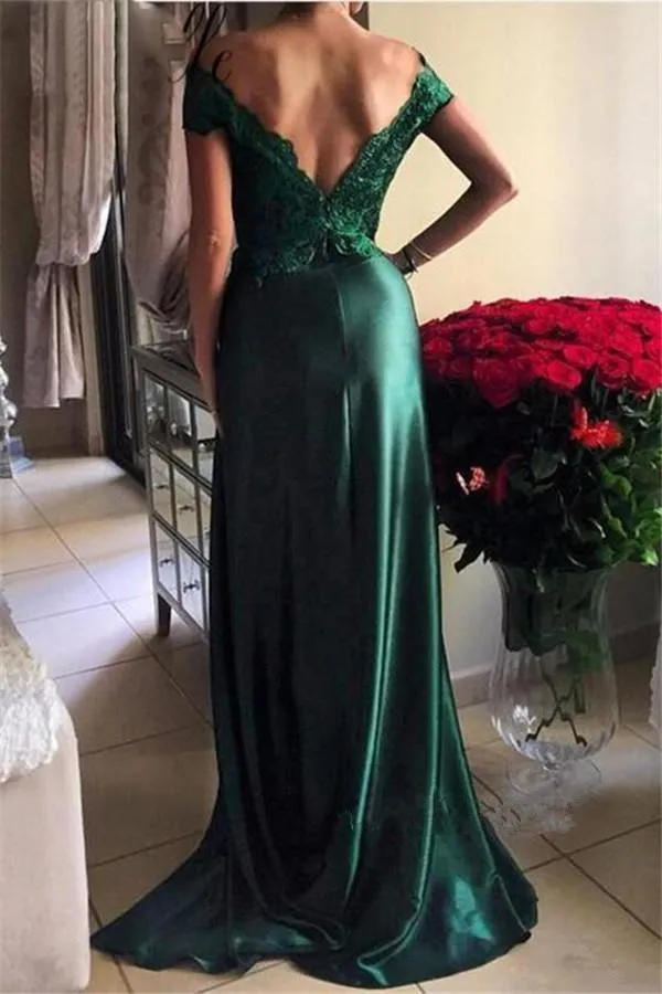 Emerald and Burgundy Lace Top Off Shoulder Side-slit A-line Prom Dresses, PD0692
