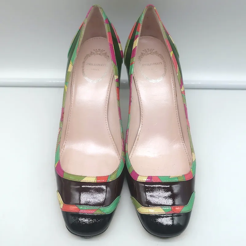 Emilio Pucci Printed-Trim Pumps Colorblock Patent Leather Size 37