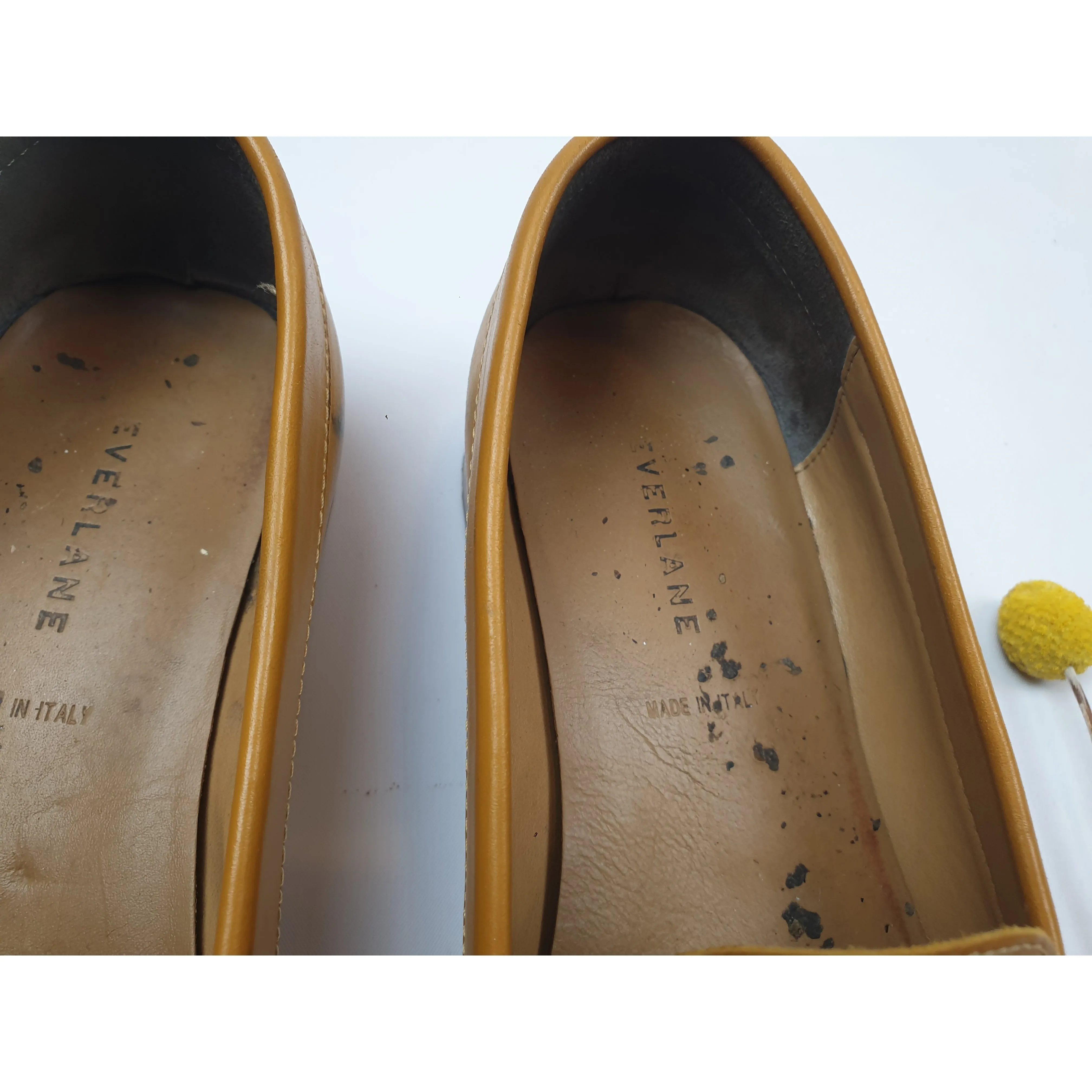 Everlane tan leather slide on shoes with very low wooden heels size 11