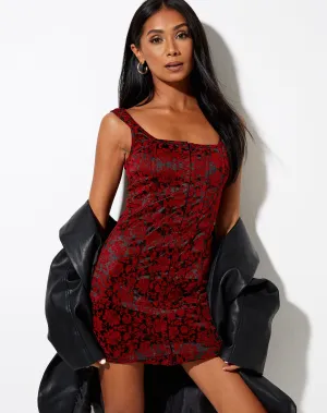 Exily Mini Dress in Brocade Flower Black and Red