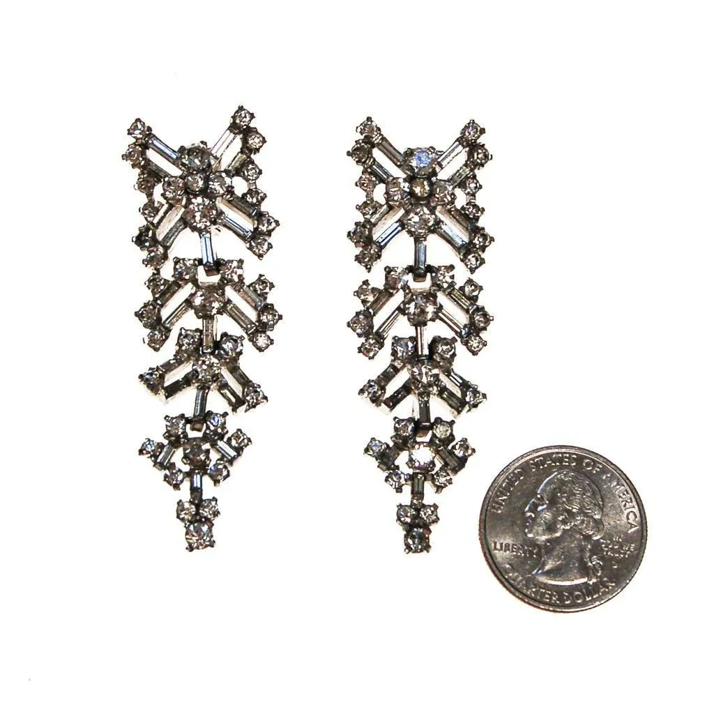 Fabulous 1930s Rhinestone Chandelier Waterfall Dangling Drop Earrings, Clip On