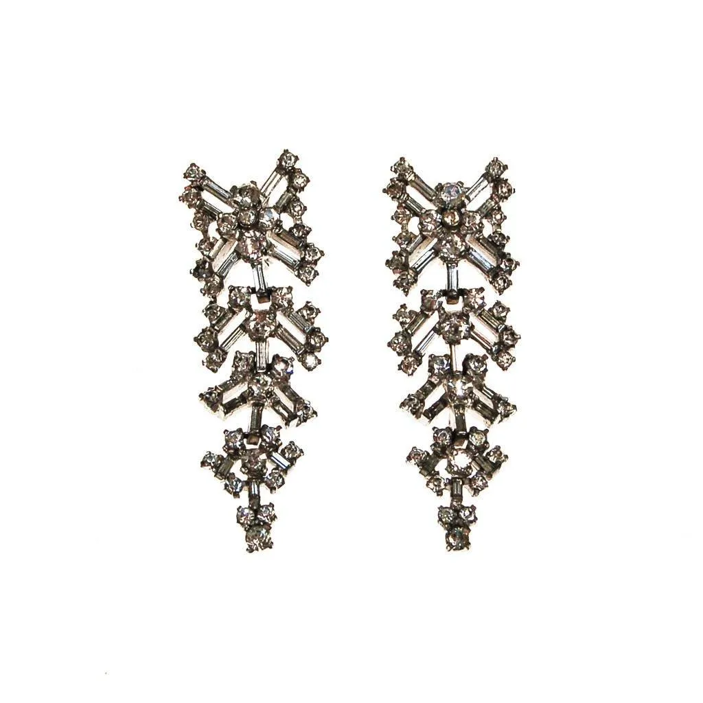 Fabulous 1930s Rhinestone Chandelier Waterfall Dangling Drop Earrings, Clip On
