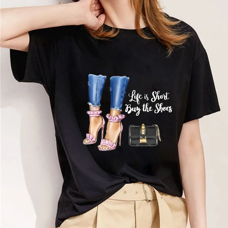 Fashion High Heel Ladies Black T-shirt B