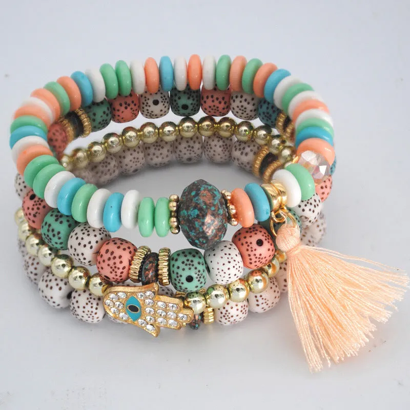 Fringed Multilayer Bracelet Wooden Beads Acrylic Tassel Bracelet