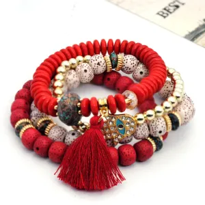 Fringed Multilayer Bracelet Wooden Beads Acrylic Tassel Bracelet