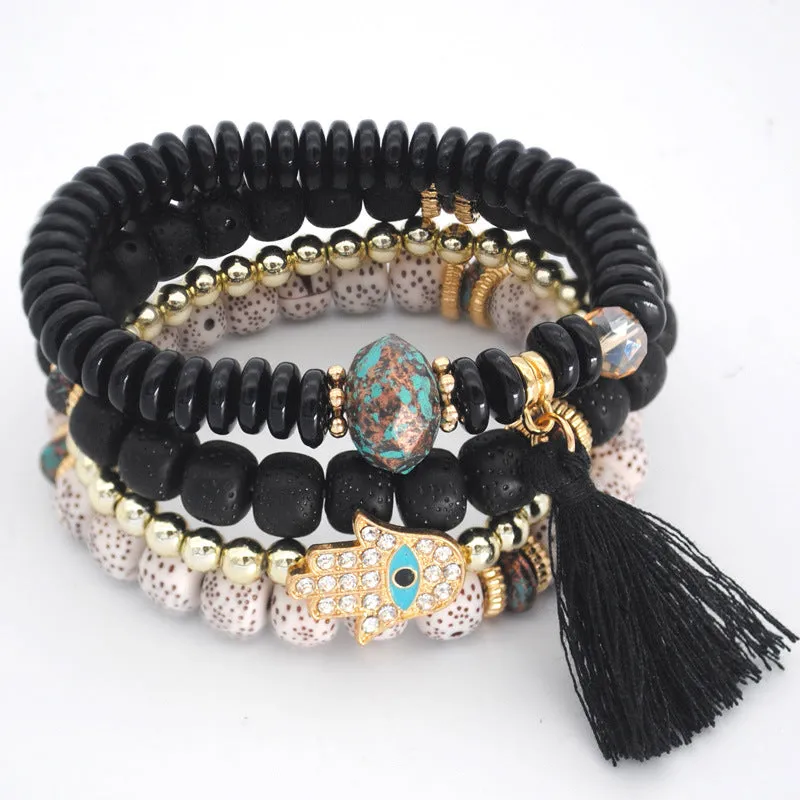 Fringed Multilayer Bracelet Wooden Beads Acrylic Tassel Bracelet