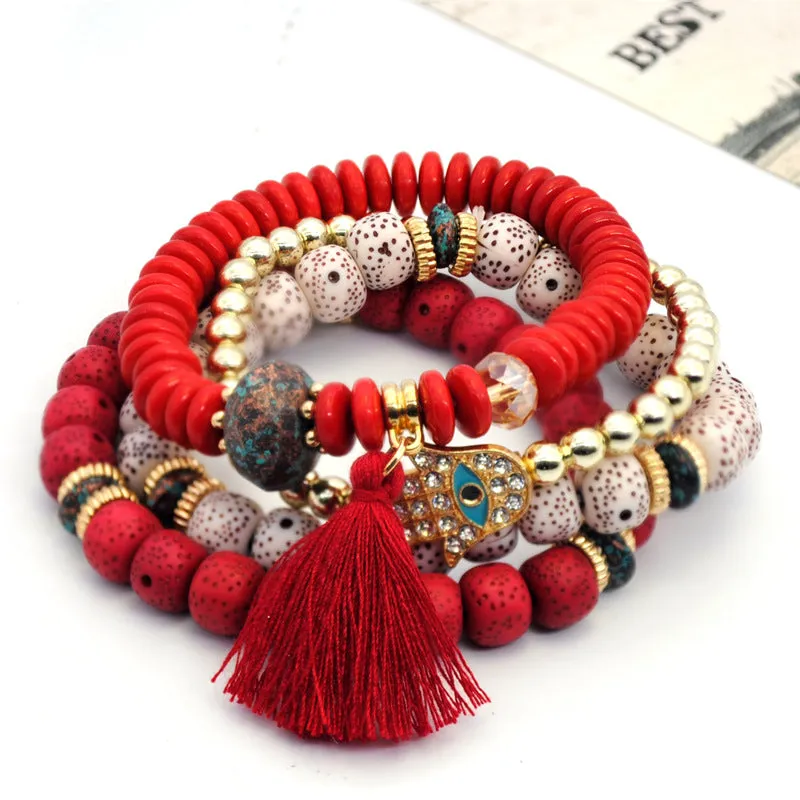Fringed Multilayer Bracelet Wooden Beads Acrylic Tassel Bracelet
