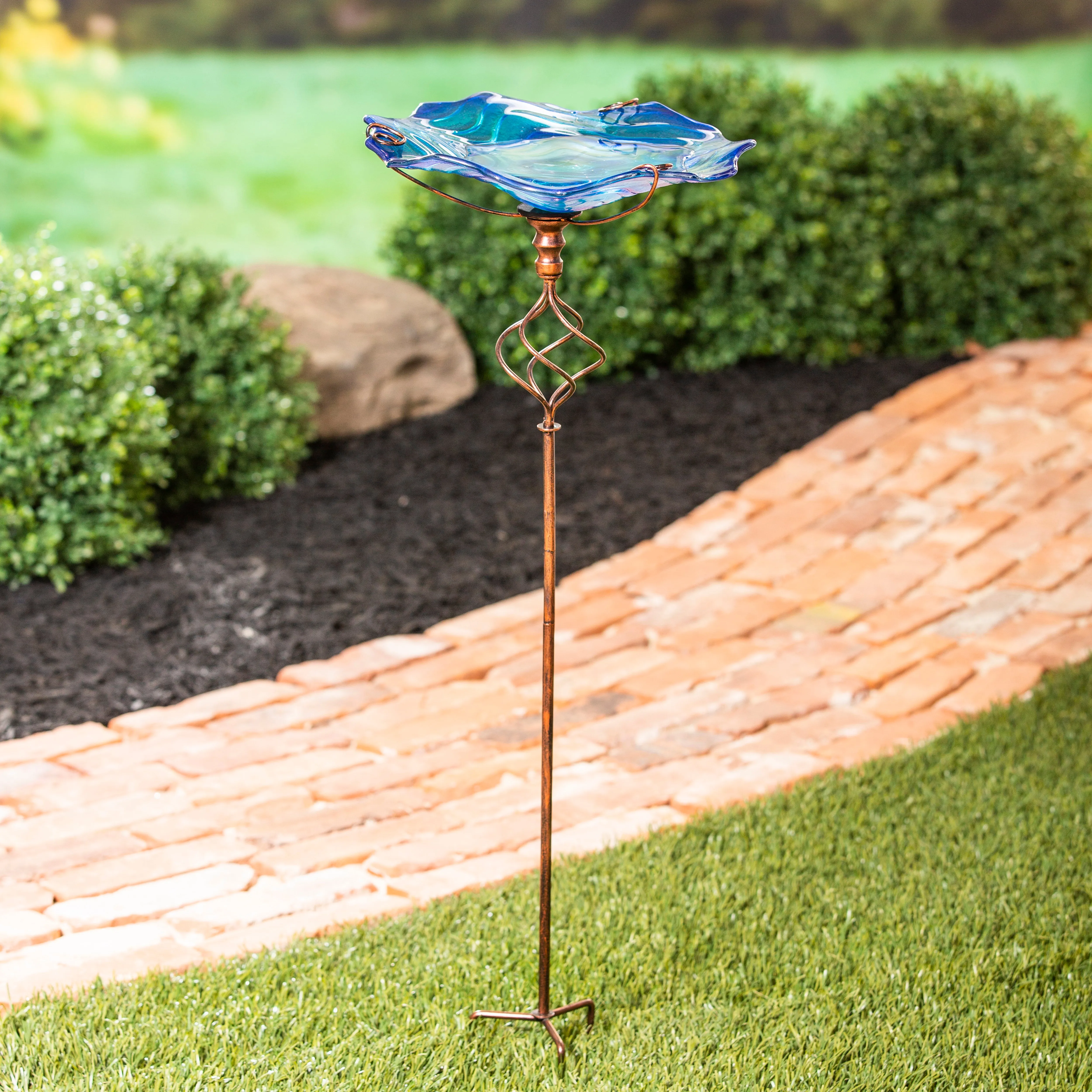 Glass Bird Bath with Garden Stake, Blue Swirl,2gb7016ecm