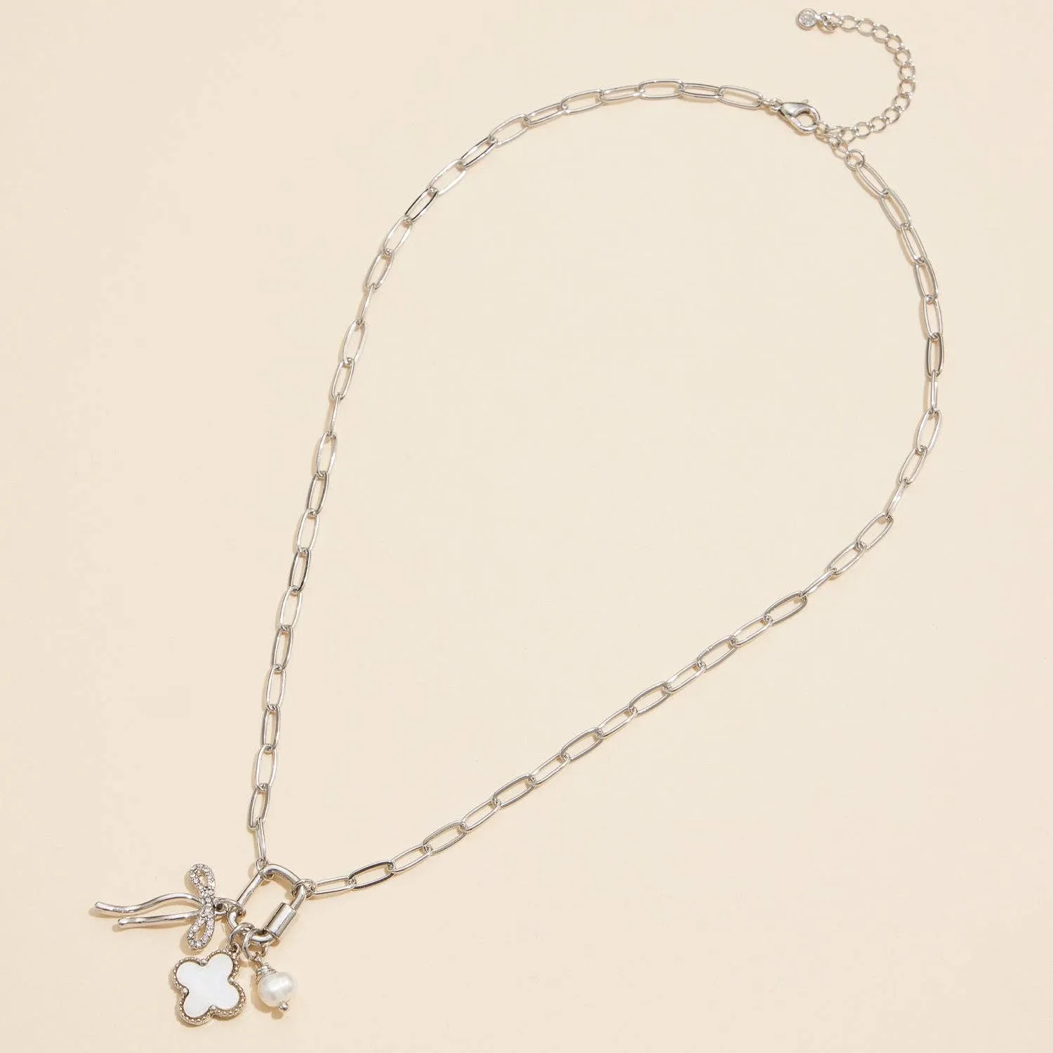 Gold Dipped Bow Charm Necklace with Clover and Pearl