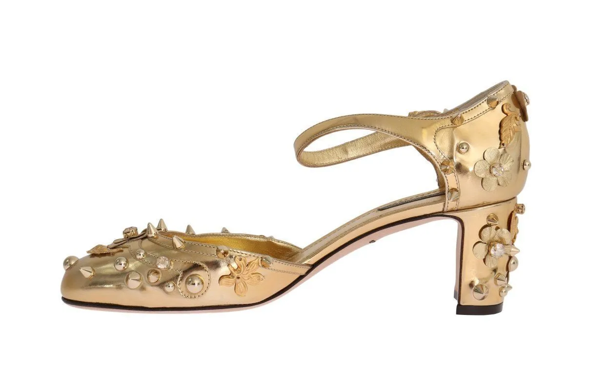 Gold Leather Crystal Fairy Tale Pumps