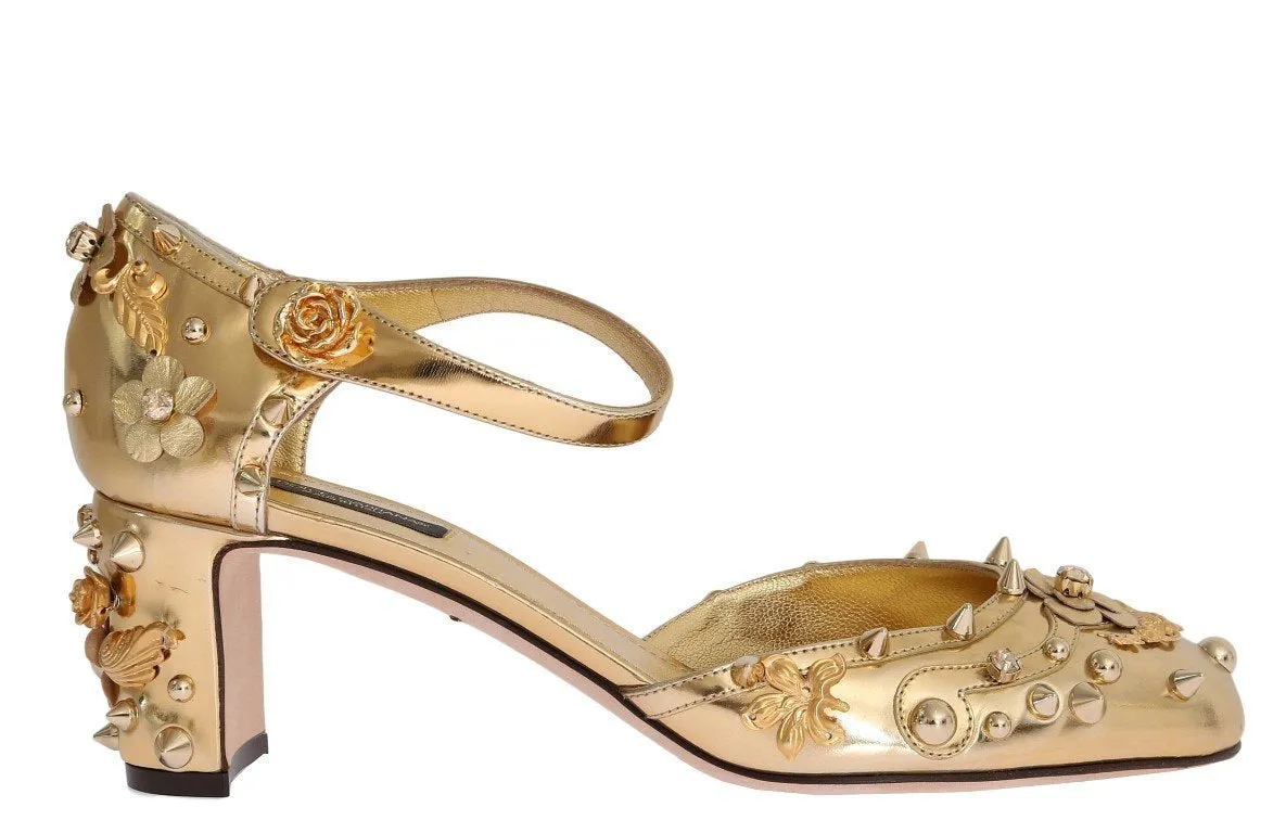 Gold Leather Crystal Fairy Tale Pumps