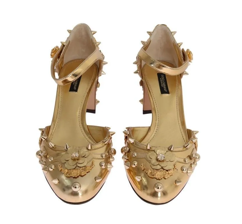 Gold Leather Crystal Fairy Tale Pumps